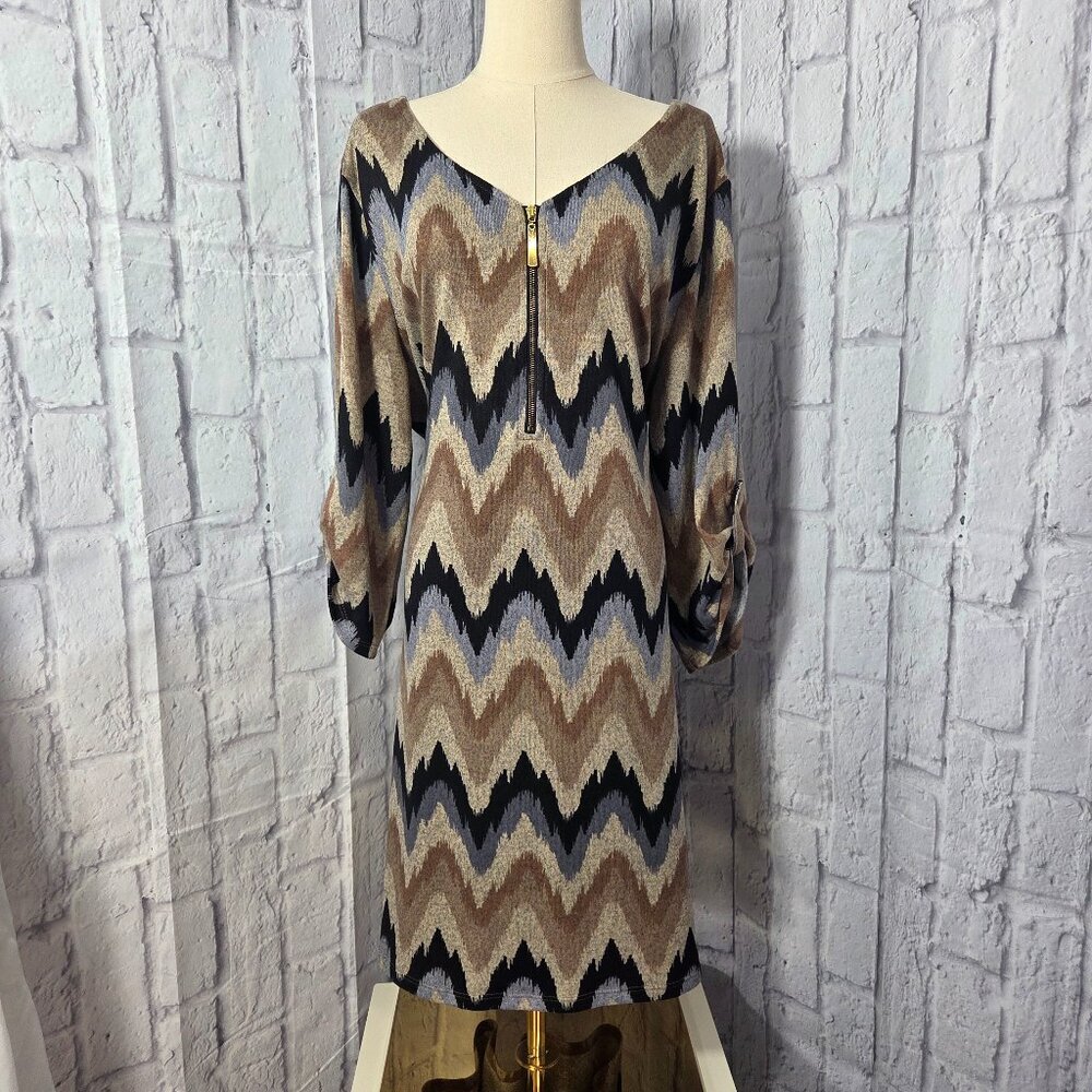 Women's Plus 2X Brown Blue Chevron Southwest Print 3/4 Sleeve Dress Fall Casual